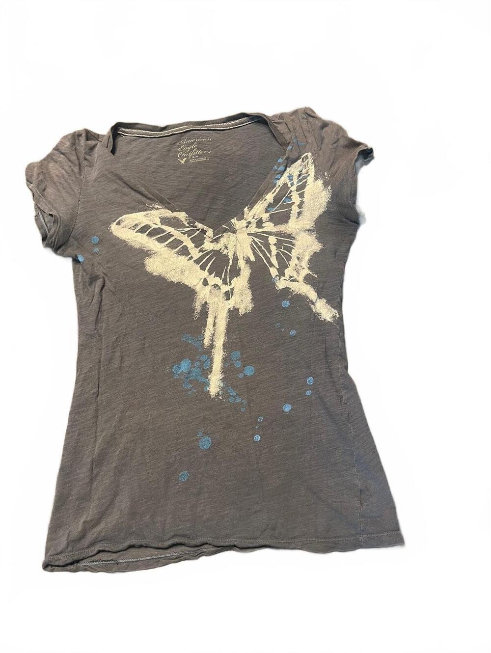Y2K American Eagle Butterfly Graphic Tee Gray V Neck Puff Sleeve 100% Cotton